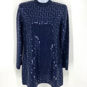 St. John Evening Geometric Greek Key Pattern Navy Sequin Long Sleeved Dress 8